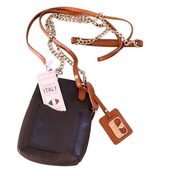 Valentina Womens Pebbled Leather Chain Strap Crossbody Bag Brown NWT - Picture 1 of 9